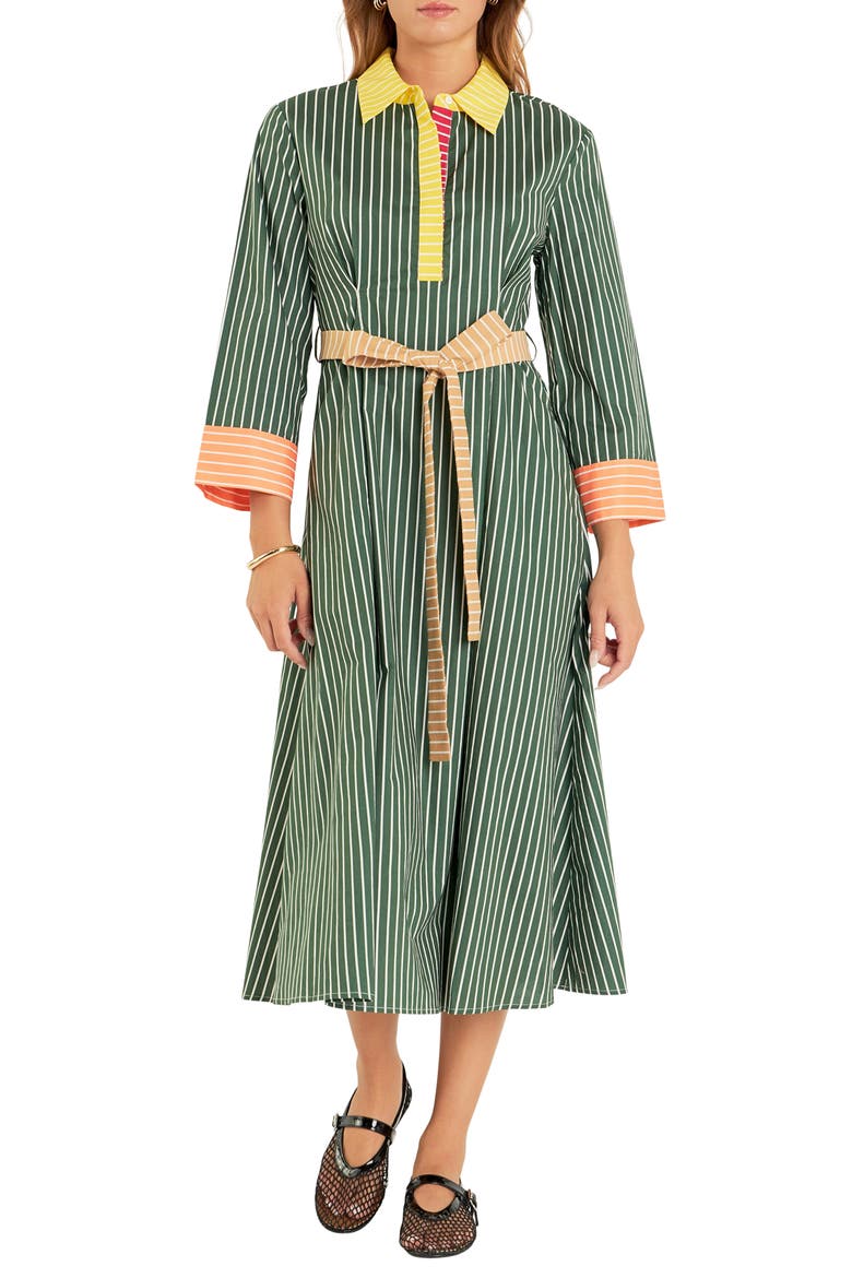 Colorblock Detail Stripe Cotton Shirtdress, Main, color, GREEN MULTI