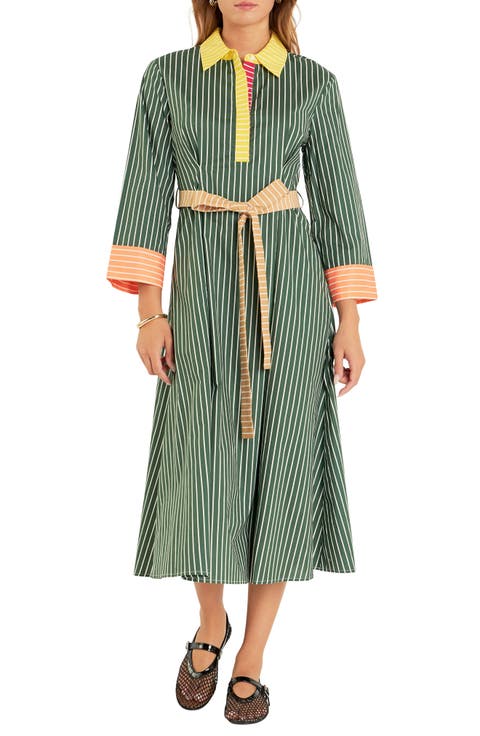 Colorblock Detail Stripe Cotton Shirtdress