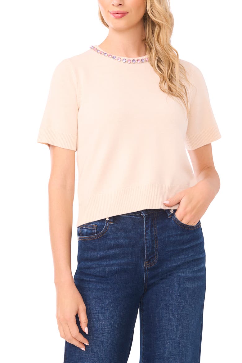Rhinestone Embellished Short Sleeve Sweater, Main, color, EGGSHELL