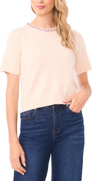 CeCe Rhinestone Embellished Short Sleeve Sweater