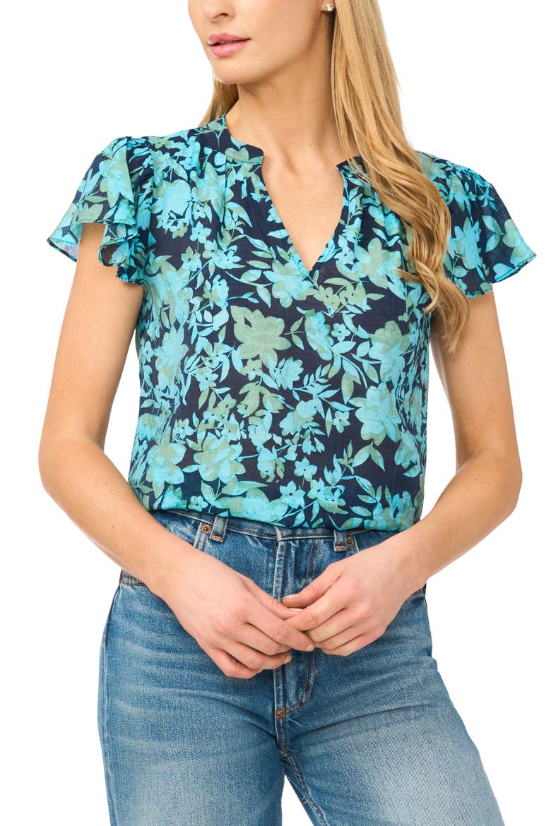 Floral Flutter Sleeve Top, Main, color, CLASSIC NAVY