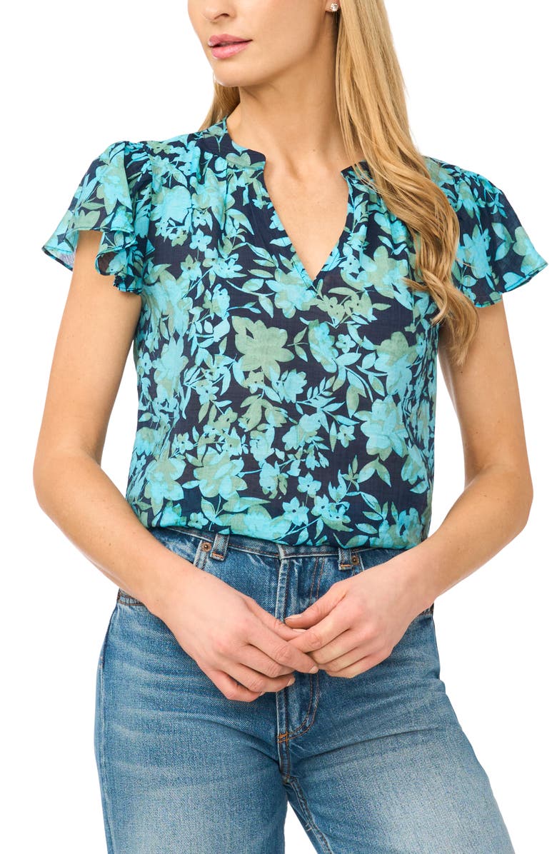 CeCe Floral Flutter Sleeve Top, Main, color, Classic Navy