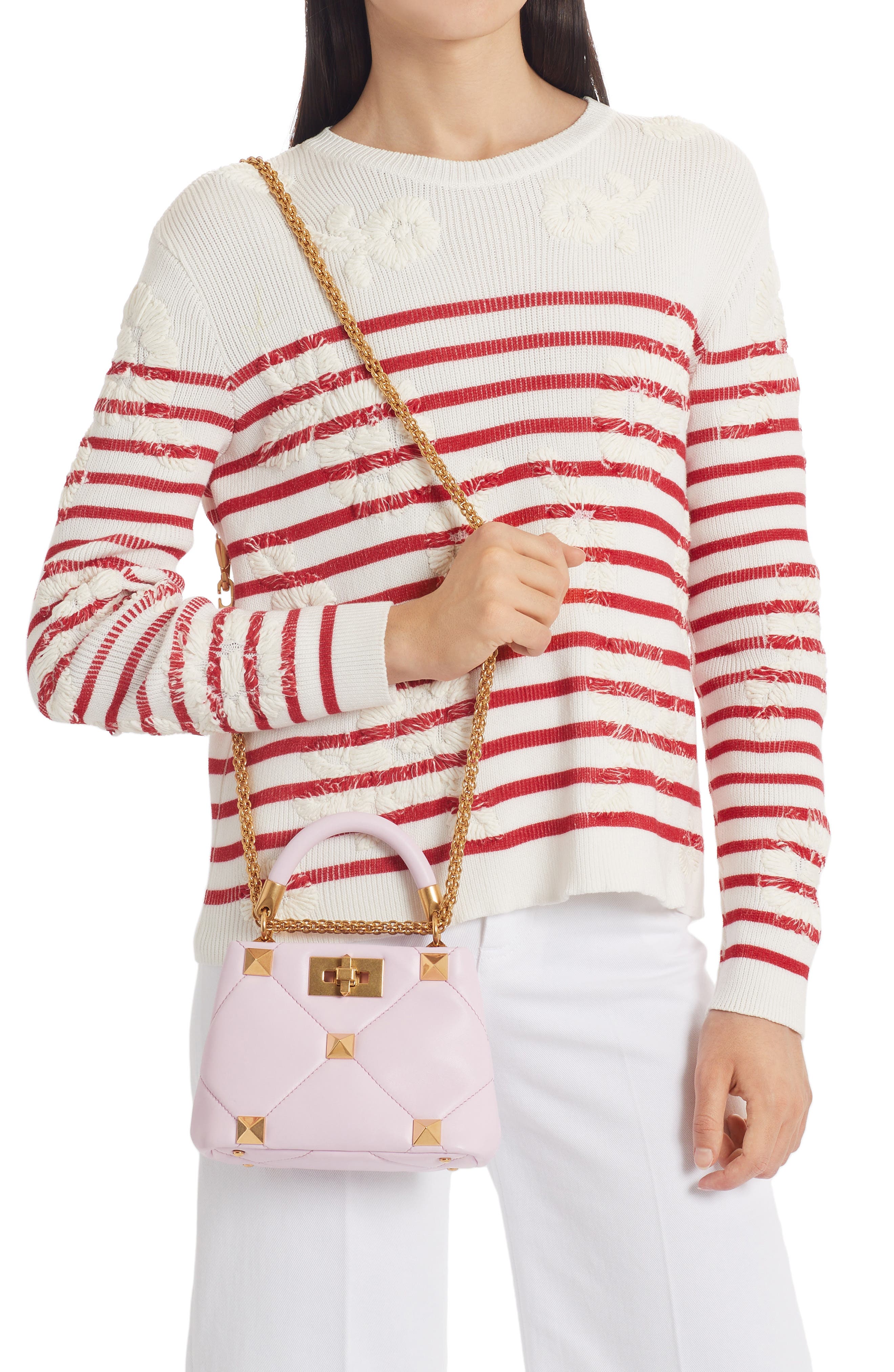 Mini Roman Stud Matelassé Leather Top Handle Bag, Alternate, color, PALE PINK