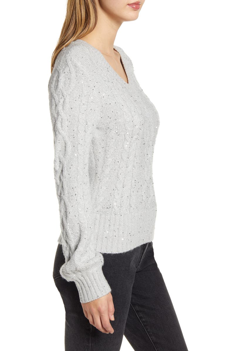 Rachel Parcell Sequin Cable Knit Puff Sleeve Sweater, Alternate, color, 