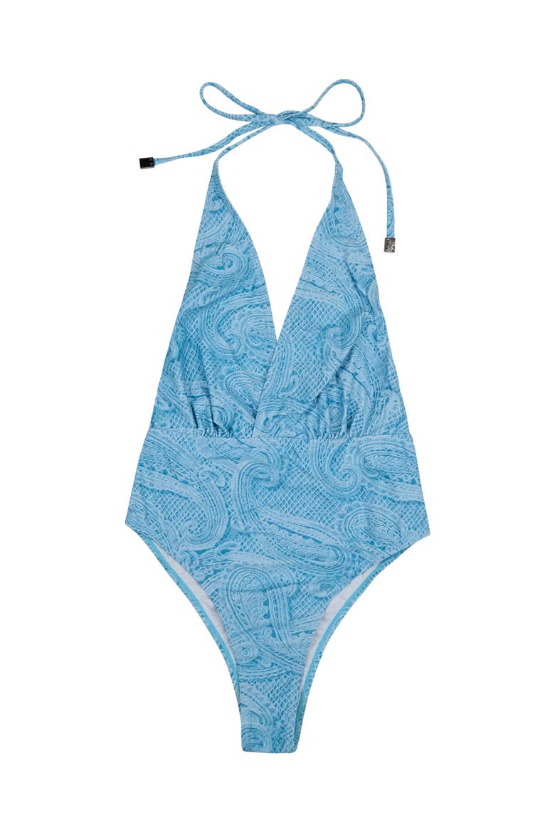 Crochet Paisley Womens Halter One-Piece Swimsuit, Alternate, color, Crochet Paisley Teal