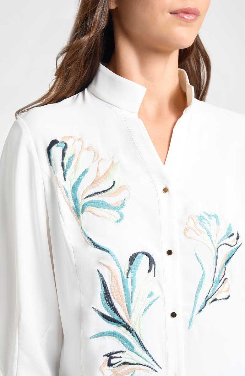 Misook Floral Embroidered Button-Up Shirt, Alternate, color, White/ Green Multi