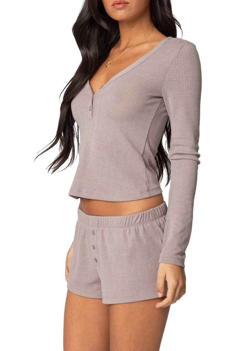 Keely Pointelle Long Sleeve V-Neck Henley Top, Alternate, color, BROWN