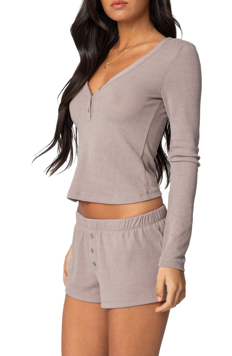 EDIKTED Keely Pointelle Long Sleeve V-Neck Henley Top, Alternate, color, Brown