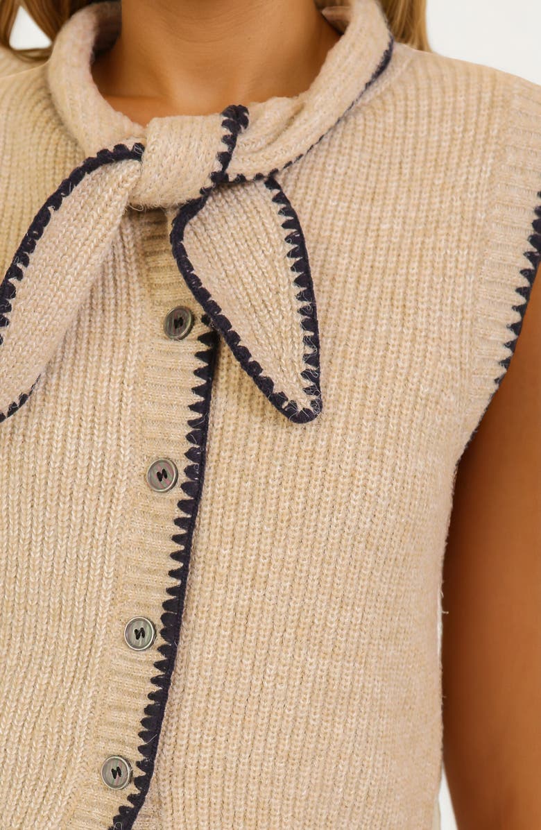 Knit and Lounge Sleeveless Contrast Trim Knit Vest with Bow Detail, Alternate, color, Beige / Navy Trim