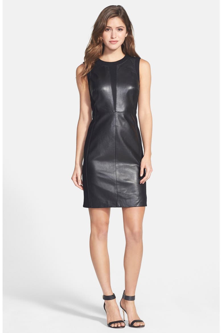 Mixed Media Leather Sheath Dress, Main, color, BLACK