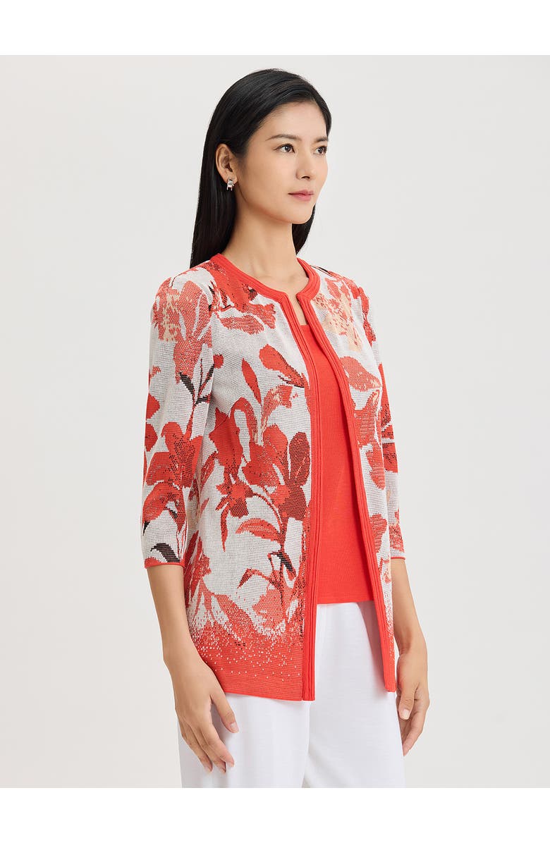 Misook Floral Jacquard Flat Knit Jacket, Alternate, color, Cherry/Peach/Ivory/Black