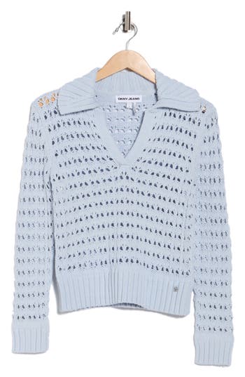 Dkny Jeans Johnny Collar Open Stitch Cotton Blend Sweater In Blue
