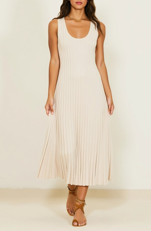 Modenaire Sleeveless Ribbed Knit Midi Dress With Flowy Pleated Hem In White