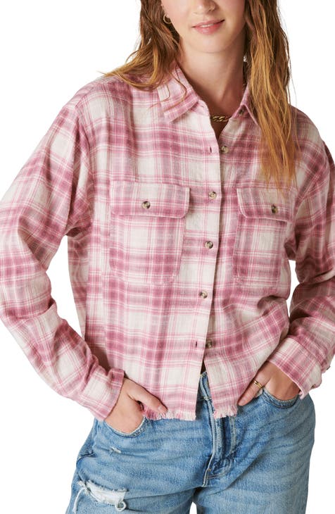 Buffalo Check Cotton Flannel Raw Hem Crop Shirt