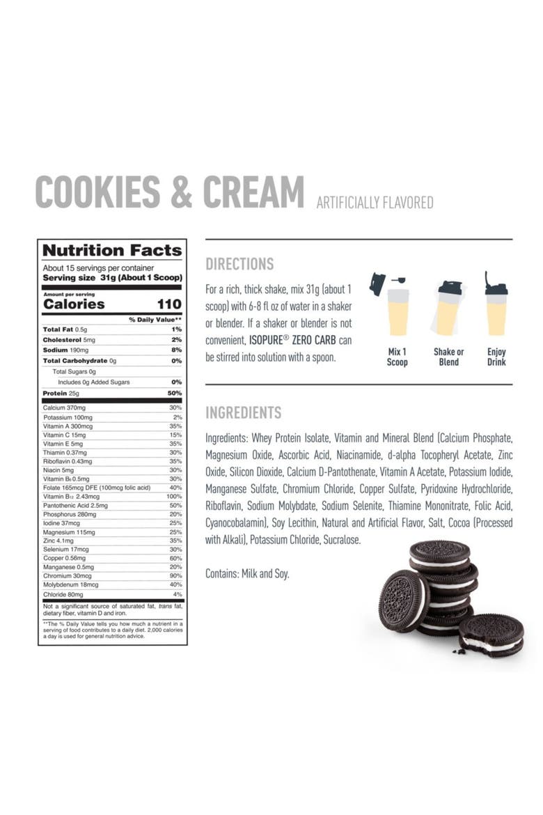 Zero Carb High Protein Whey Isolate Powder Cookies and Cream, Alternate, color, None