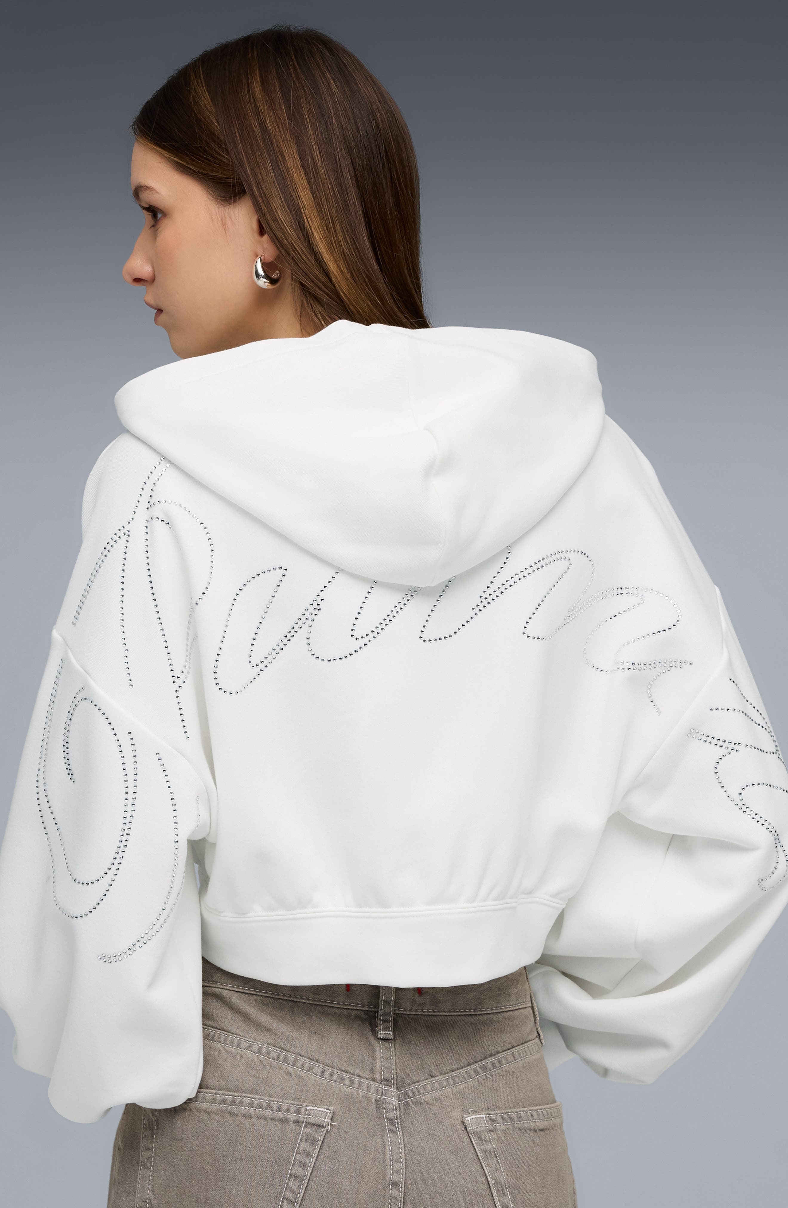 Essentials Bedazzled Rhinestone Embellished Cropped Graphic Hoodie