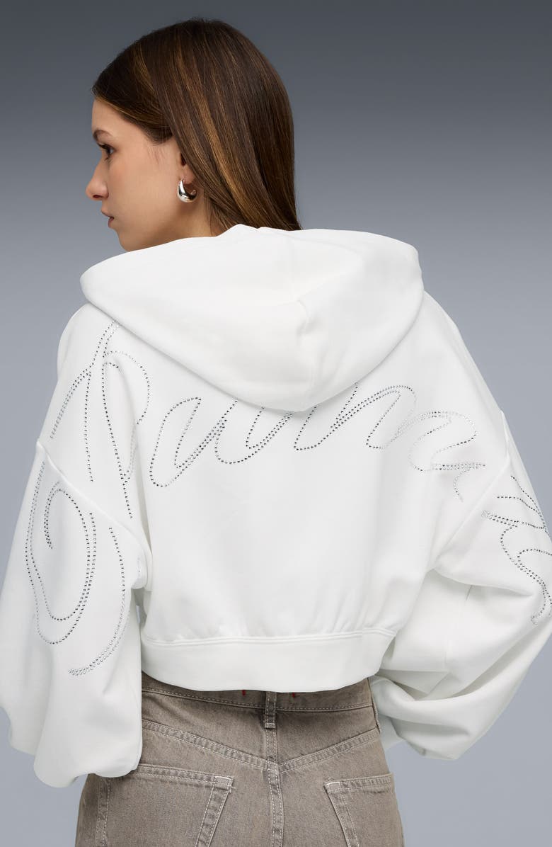 PUMA Essentials Bedazzled Rhinestone Embellished Cropped Graphic Hoodie, Alternate, color, 