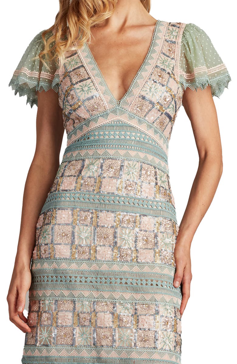 Tadashi Shoji Belle Sequin & Lace Detail Cocktail Midi Dress, Alternate, color, Sage/ Adobe Blush Multi