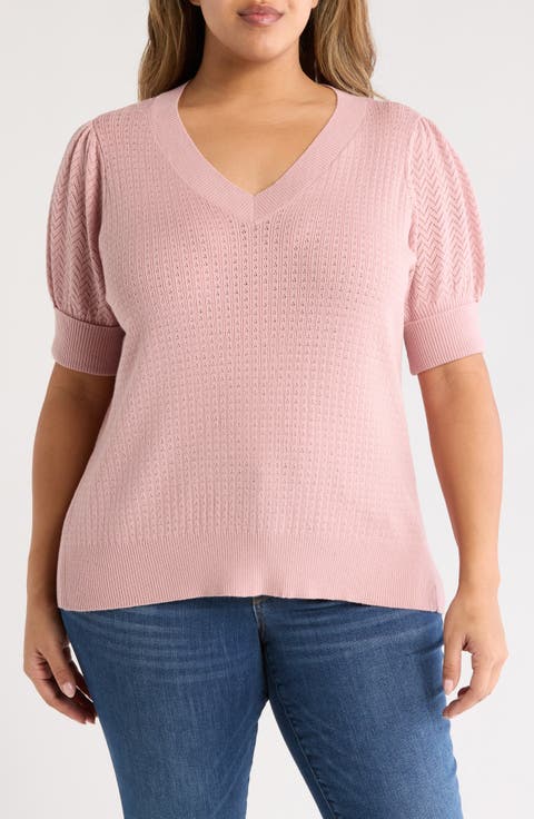 V-Neck Short Sleeve Pointelle Sweater (Plus)