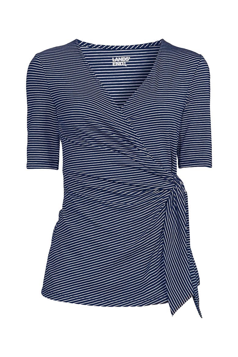 Elbow Sleeve Lightweight Jersey Side Tie Blouse, Alternate, color, Deep Sea Navy Tiny Stripe