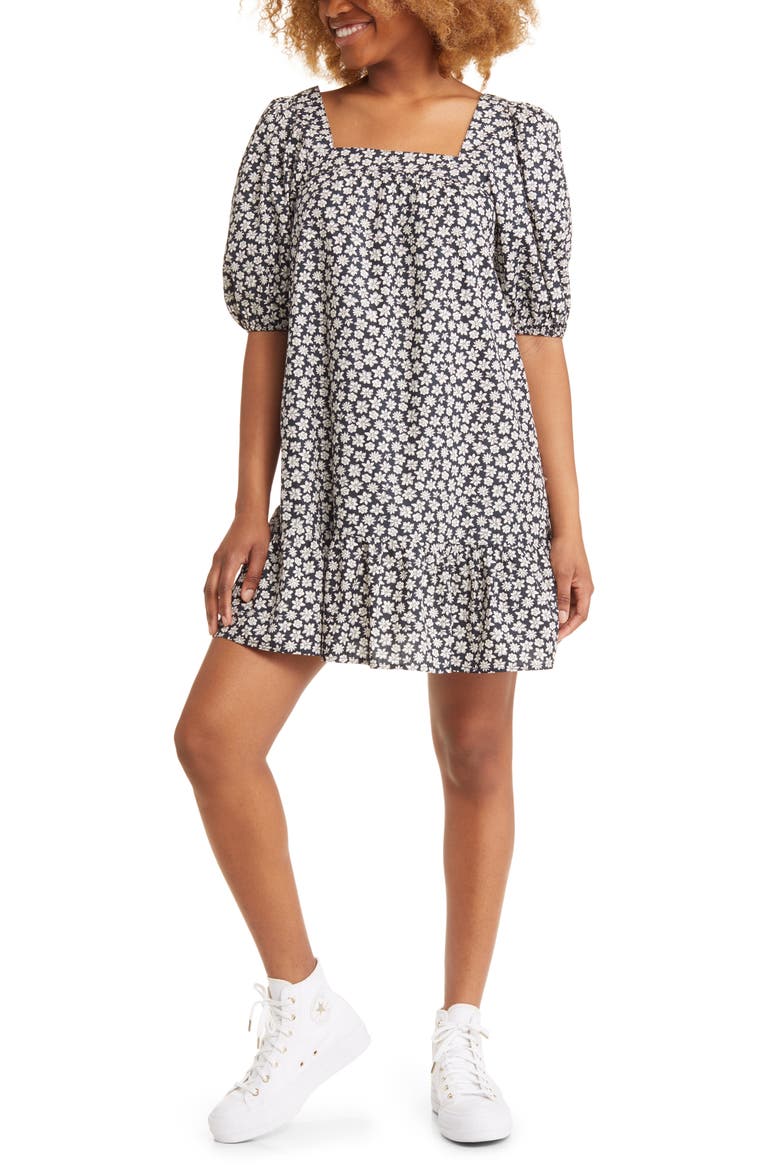 Flirty Mood Floral Puff Sleeve Cotton Dress, Main, color, BLACK