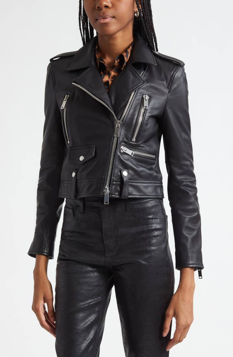 L'AGENCE Blakely Crop Leather Biker Jacket, Alternate, color, Black