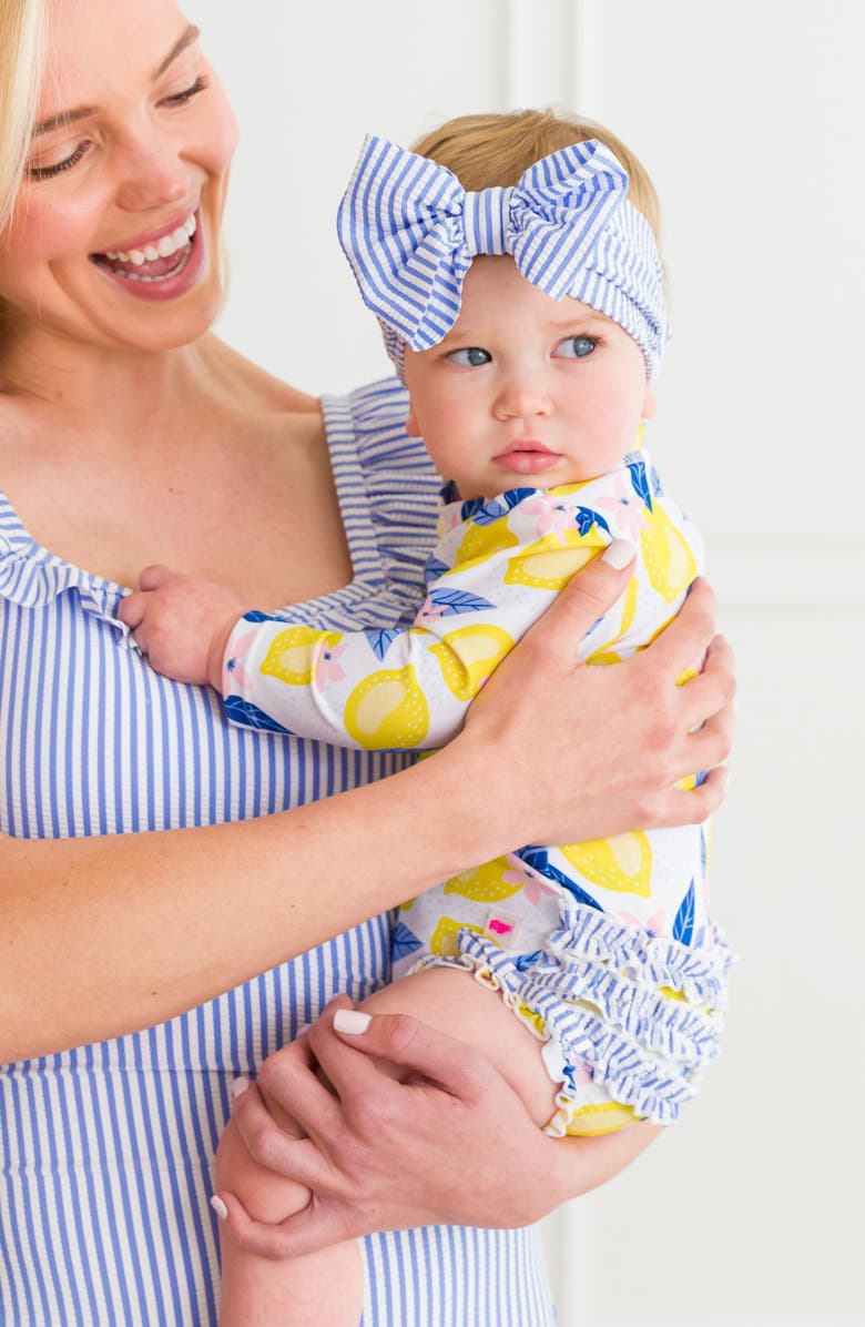 RuffleButts Lemons One-Piece Rashguard Swimsuit & Hat Set, Alternate, color, Blue