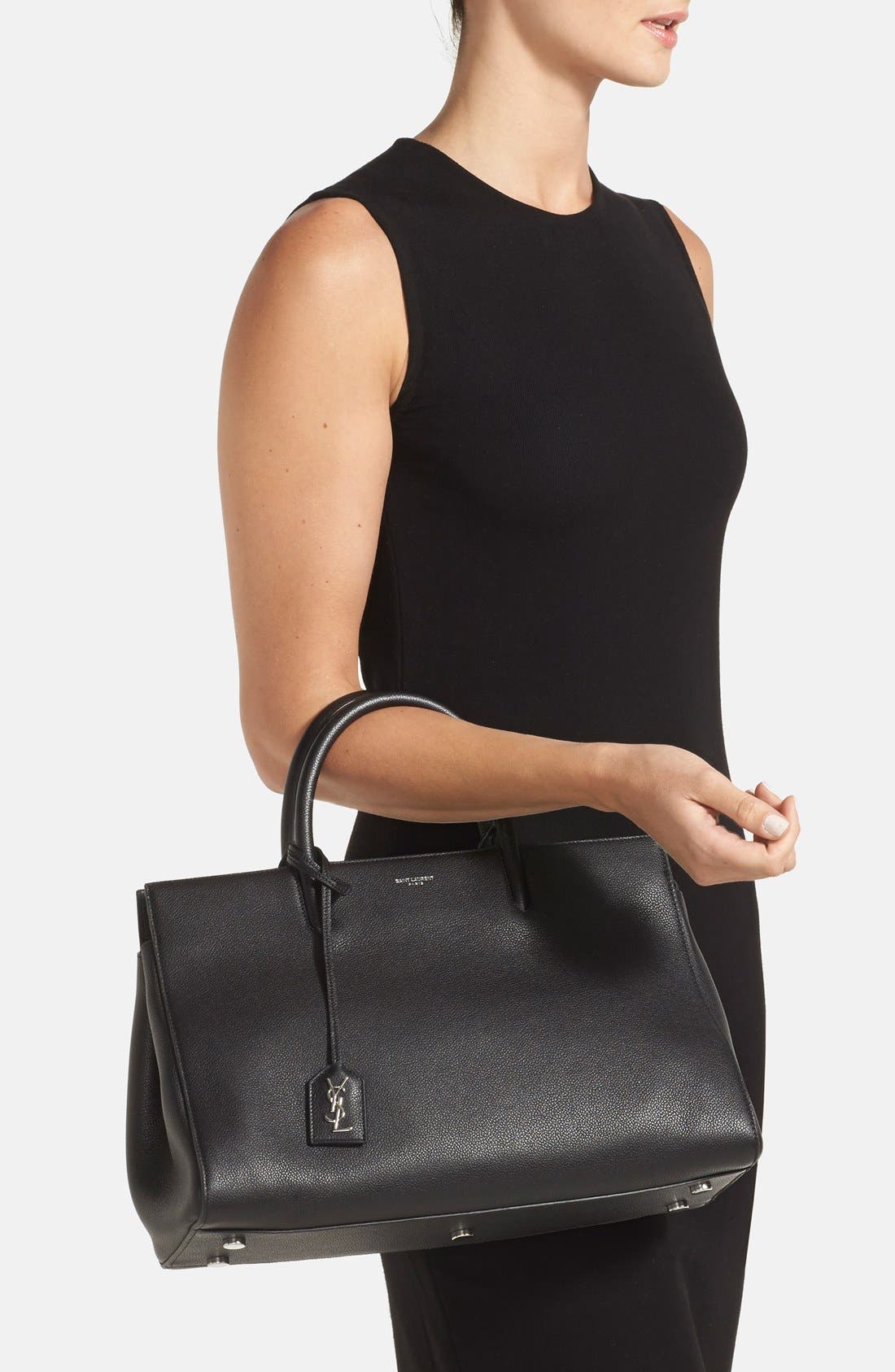 Saint Laurent 'Medium Cabas Rive Gauche' Grained Leather Satchel, Alternate, color, 