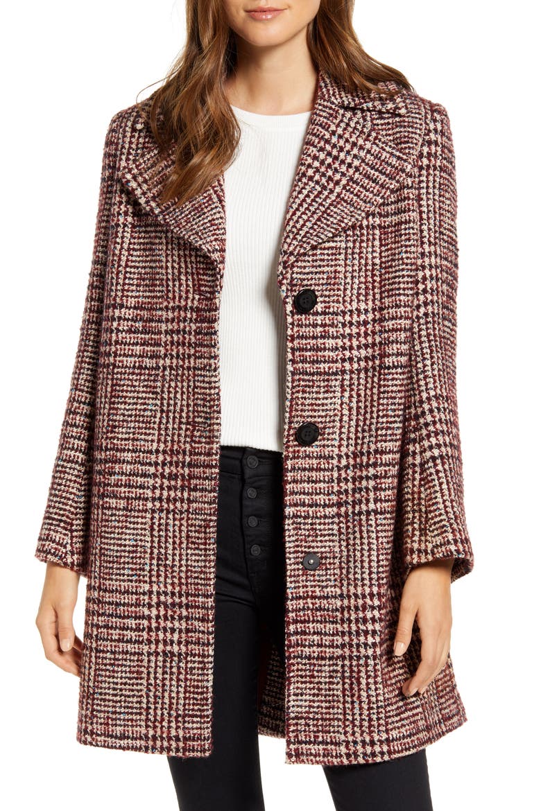 Grid Plaid Pleat Back Wool Blend Coat, Main, color, BURGUNDY GRID