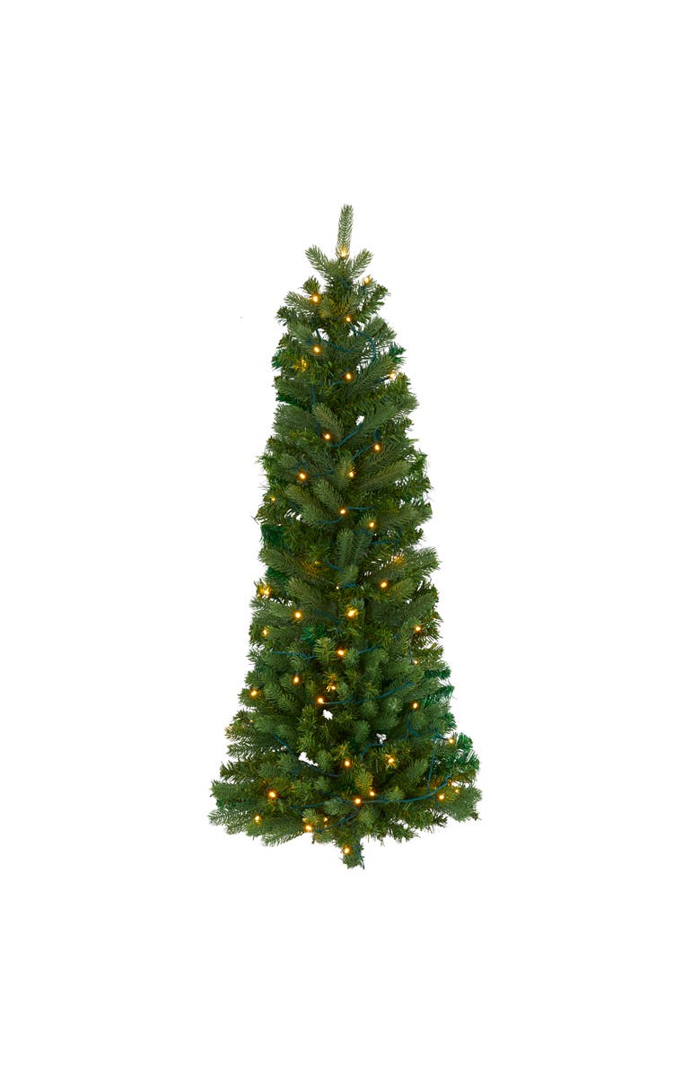 NEARLY NATURAL 4-ft Flat Back Wall Hanging Artificial Christmas Tree with 50 Clear LED Lights, Main, color, Green