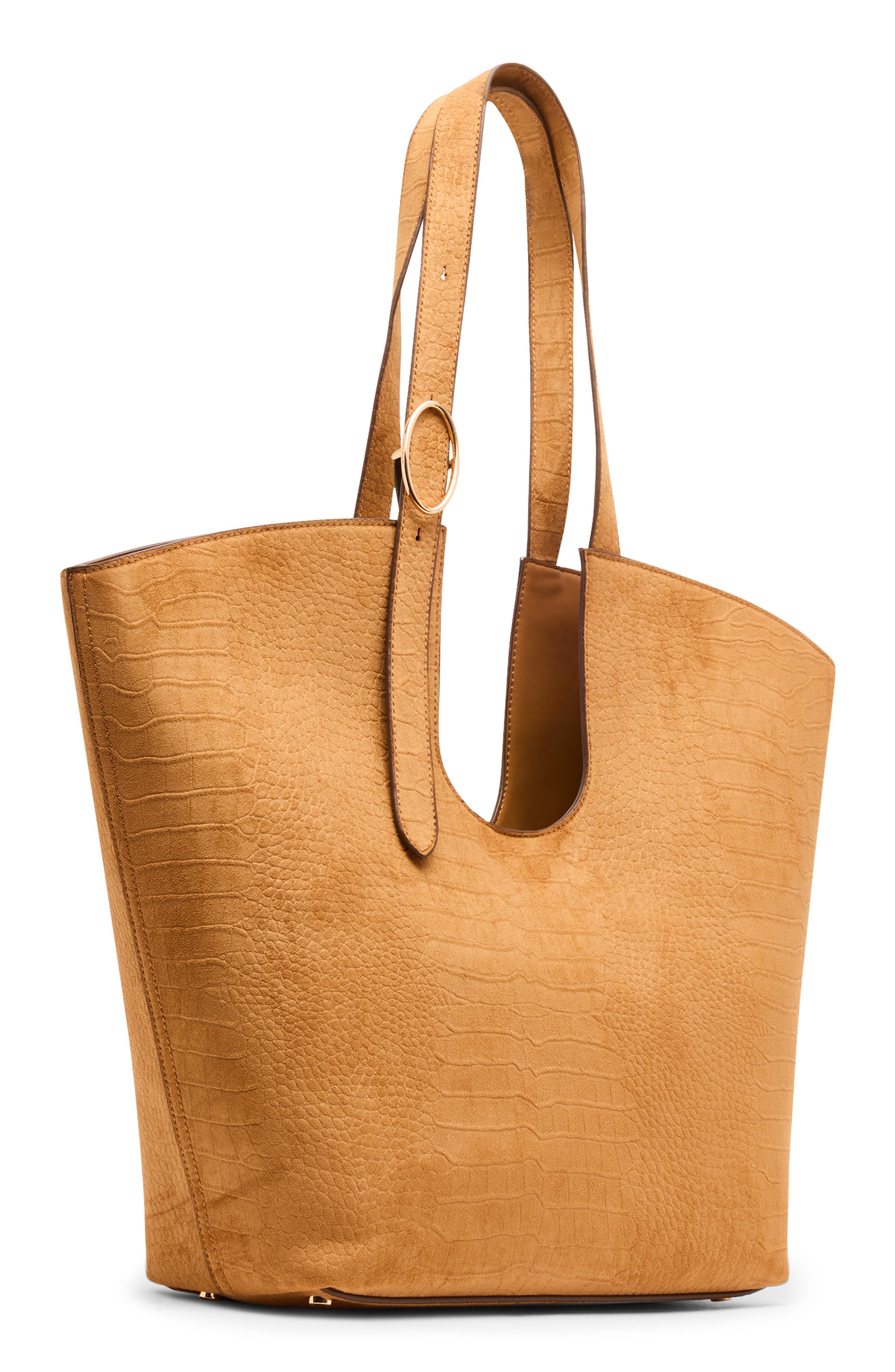 Extra Large Croc Embossed Faux Leather Tote with Pouch, Alternate, color, TAN/ TAN