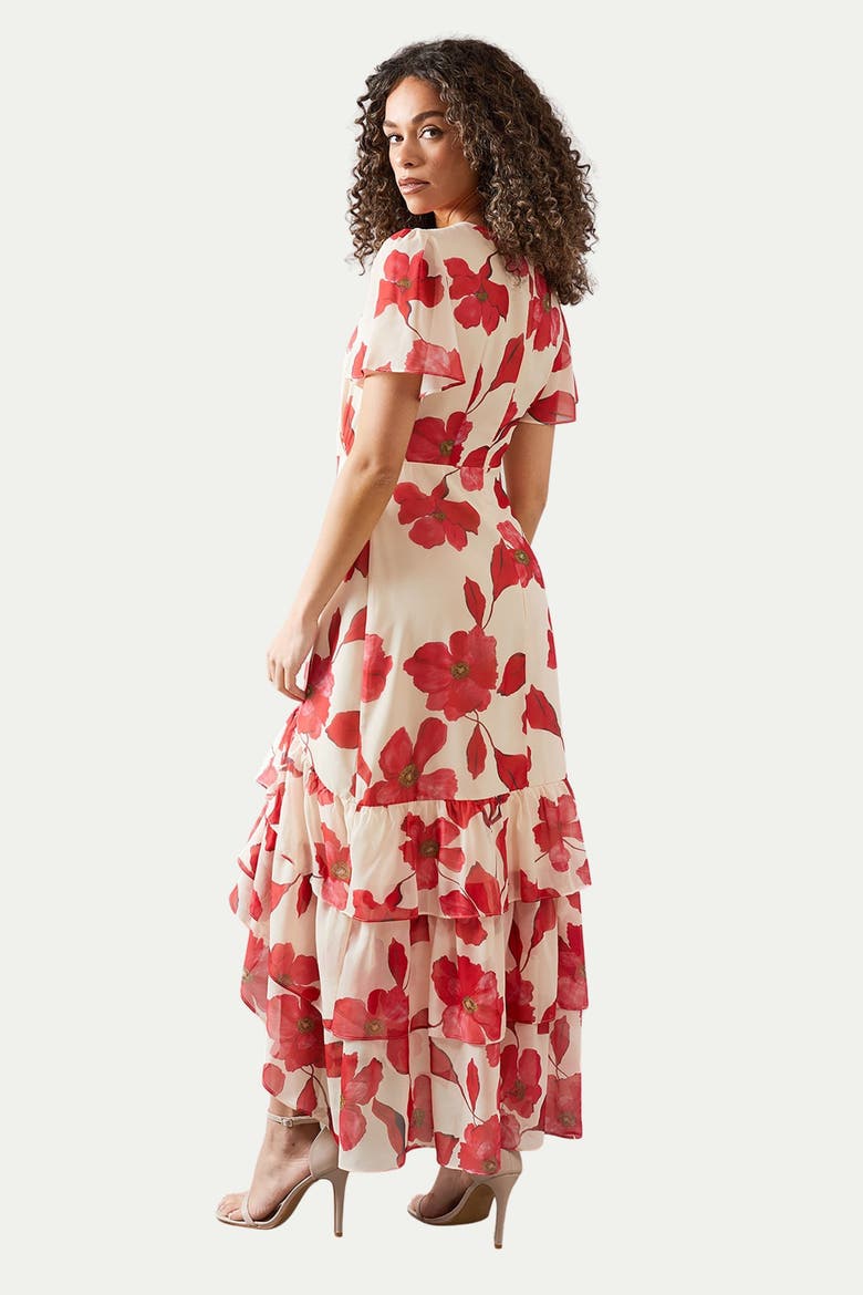 Floral Frill Hem Chiffon Maxi Dress, Alternate, color, Red