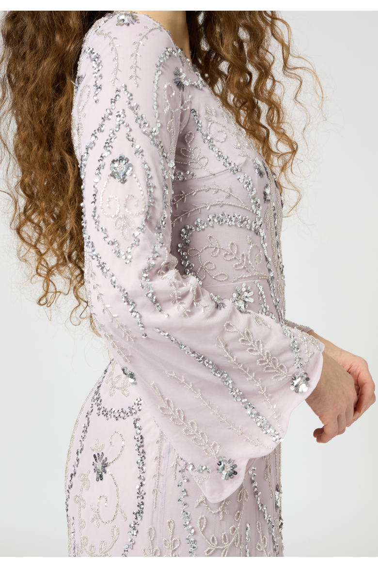 Occasion Modest Embellished Sequin Beaded Floral Evening Dress, Alternate, color, LILAC