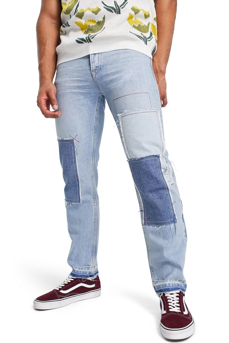 Patchwork Straight Jeans, Main, color, MID BLUE