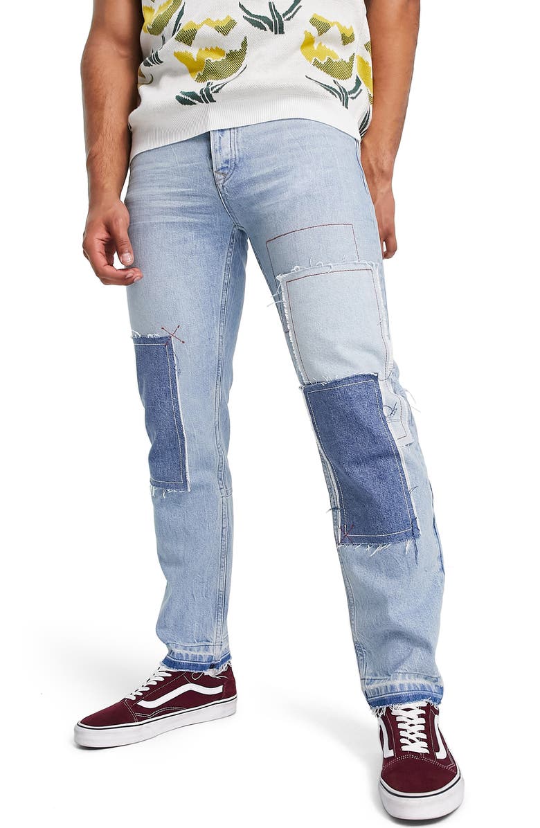 Topman Patchwork Straight Jeans, Main, color, 