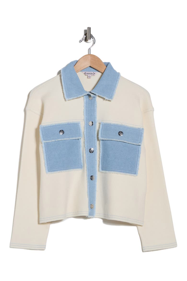 Denim Trim Button Front Cardigan, Alternate, color, ECRU/ LIGHT DENIM