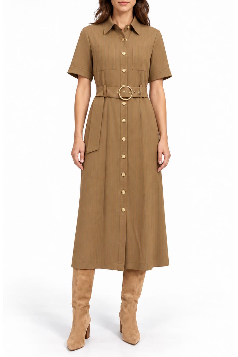 Pinstripe Pintuck Shirtdress, Main, color, KHAKI / COBALT