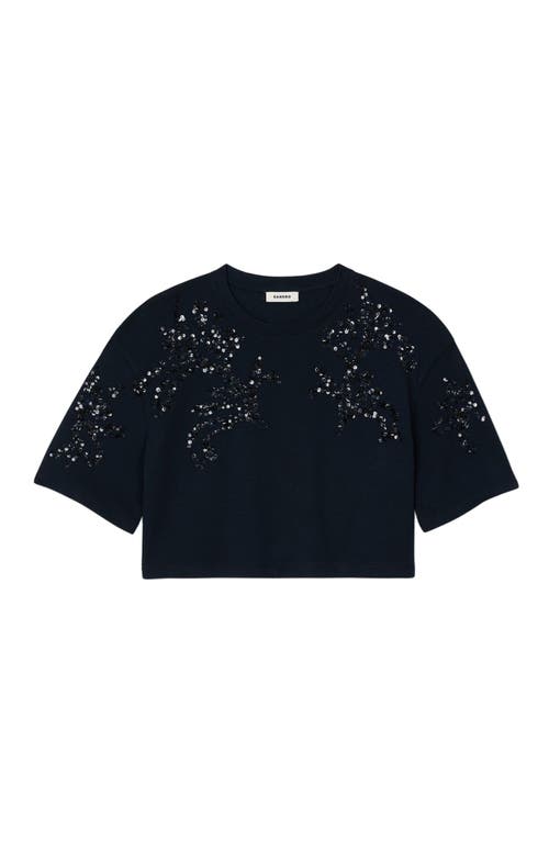 Sandro Cotton-blend Beaded Algarve T-shirt In Navy Blue