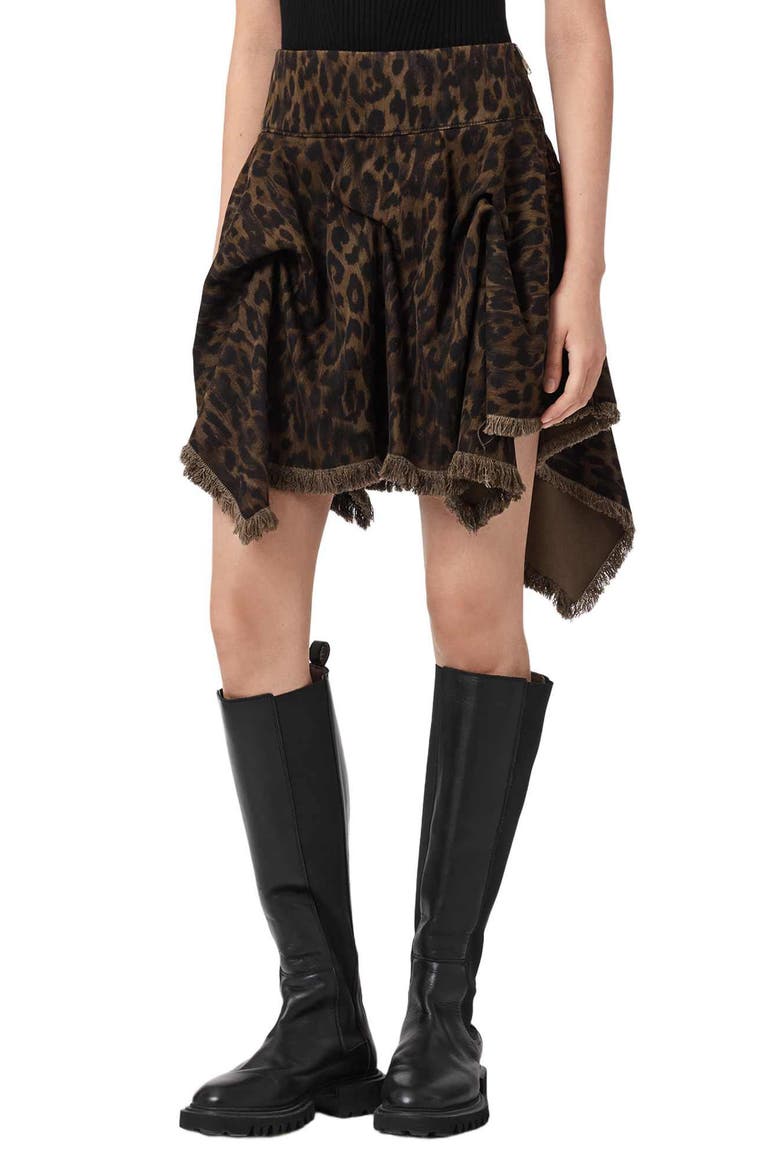 Crissy Leopard Print Gathered Denim Skirt, Main, color, LEAPORD BROWN