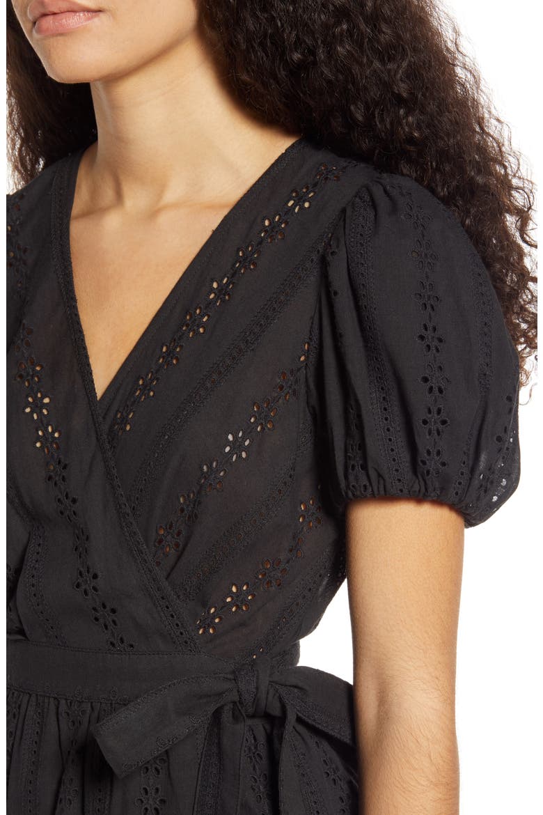 Puff Sleeve Eyelet Wrap Dress, Alternate, color, BLACK