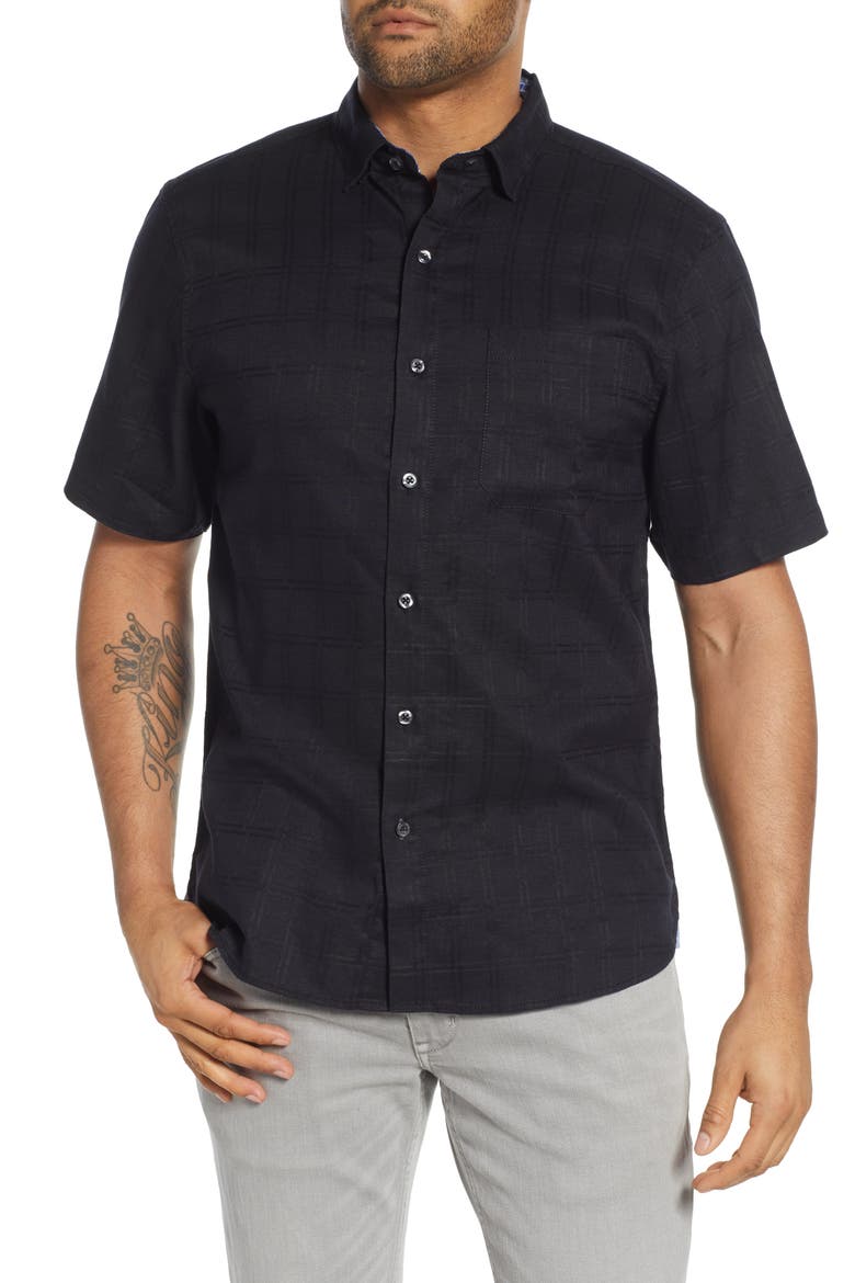 Costa Capri Classic Fit Short Sleeve Linen Blend Button-Up Shirt, Main, color, BLACK