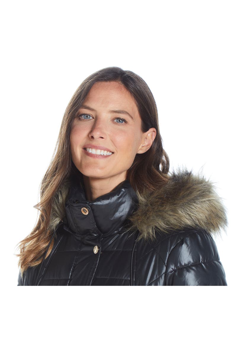 Water Resistant Hooded Puffer Coat with Faux Fur Trim, Alternate, color, BLACK