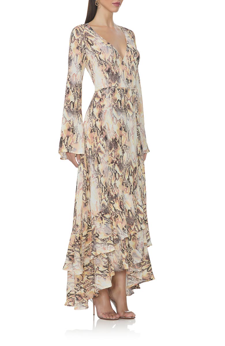 AFRM Mimi Snakeskin Print Long Sleeve Ruffle Maxi Dress, Alternate, color, Shine Snake