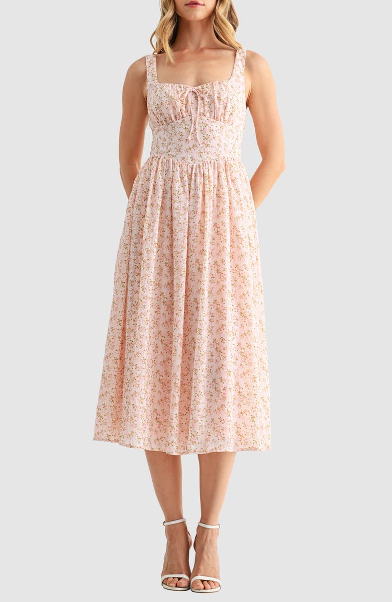 All in Favor Corset Midi Sundress, Main, color, Blush Ditsy