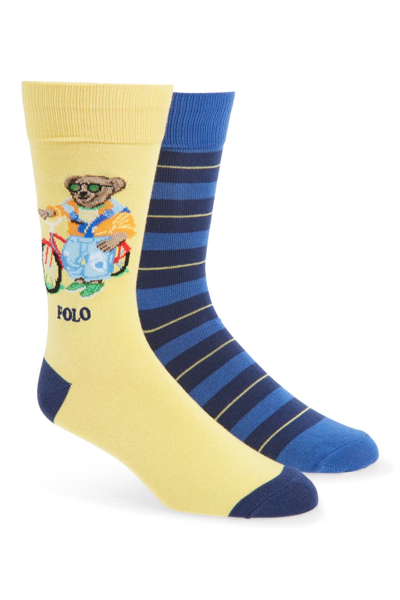 Assorted 2-Pack Polo Bear & Stripe Dress Socks, Main, color, YELLOW/BLUE