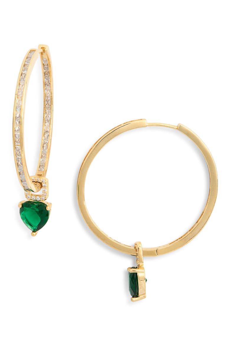 Callie Cubic Zirconia Heart Drop Hoop Earrings, Main, color, GOLD