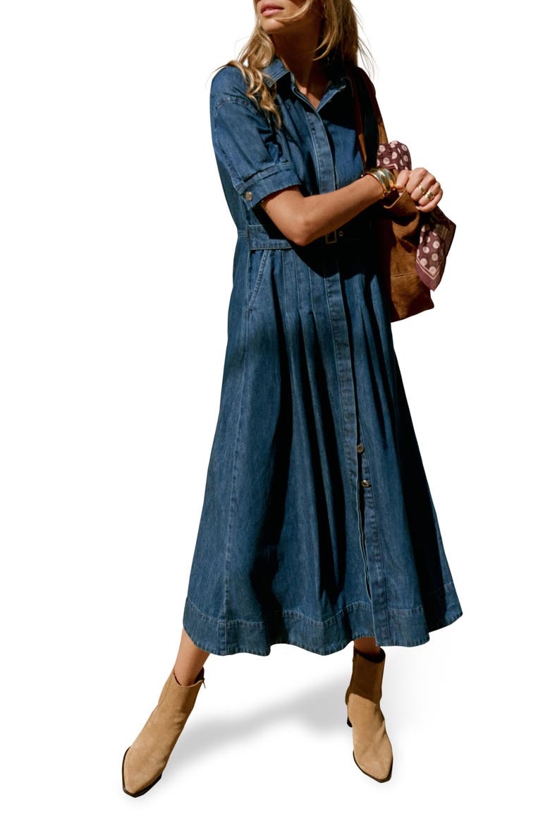 Denim Midi Shirt Dress with a belt, Alternate, color, Navy