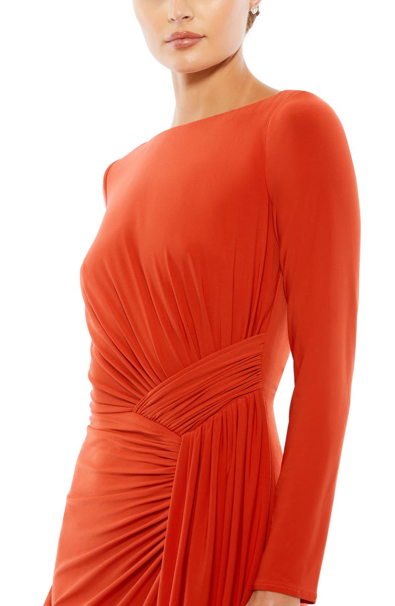 Mac Duggal Ruched Long Sleeve Boat Neck Jersey Gown, Alternate, color, Brick