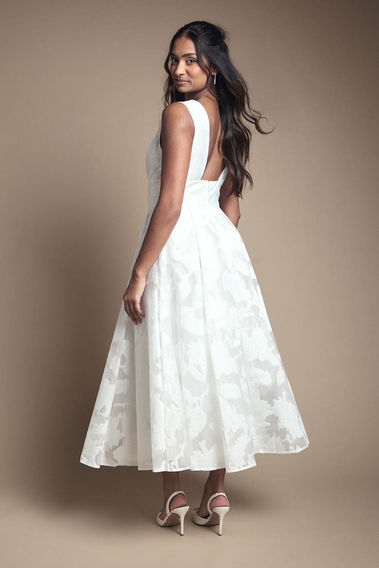 Plunge V-Neck Jacquard Midi Dress, Alternate, color, Ivory