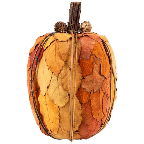 Artificial Leaves Layered Pumpkin with Pinecones Fall Harvest Decoration - 9.75"